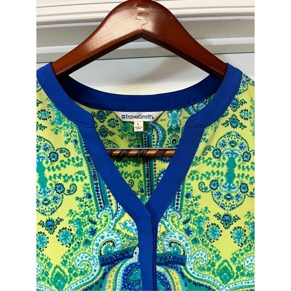 Travelsmith Blue & Green Print Tunic Top sz L EUC BOHO - Picture 2 of 5